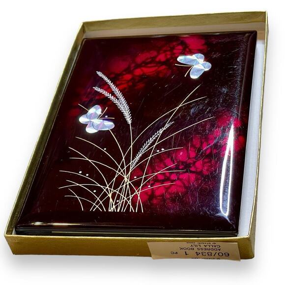 VTG Japanese Laquer Address Book Calla Lily Grass Silver Foil Butterflies Japan - Picture 2 of 12